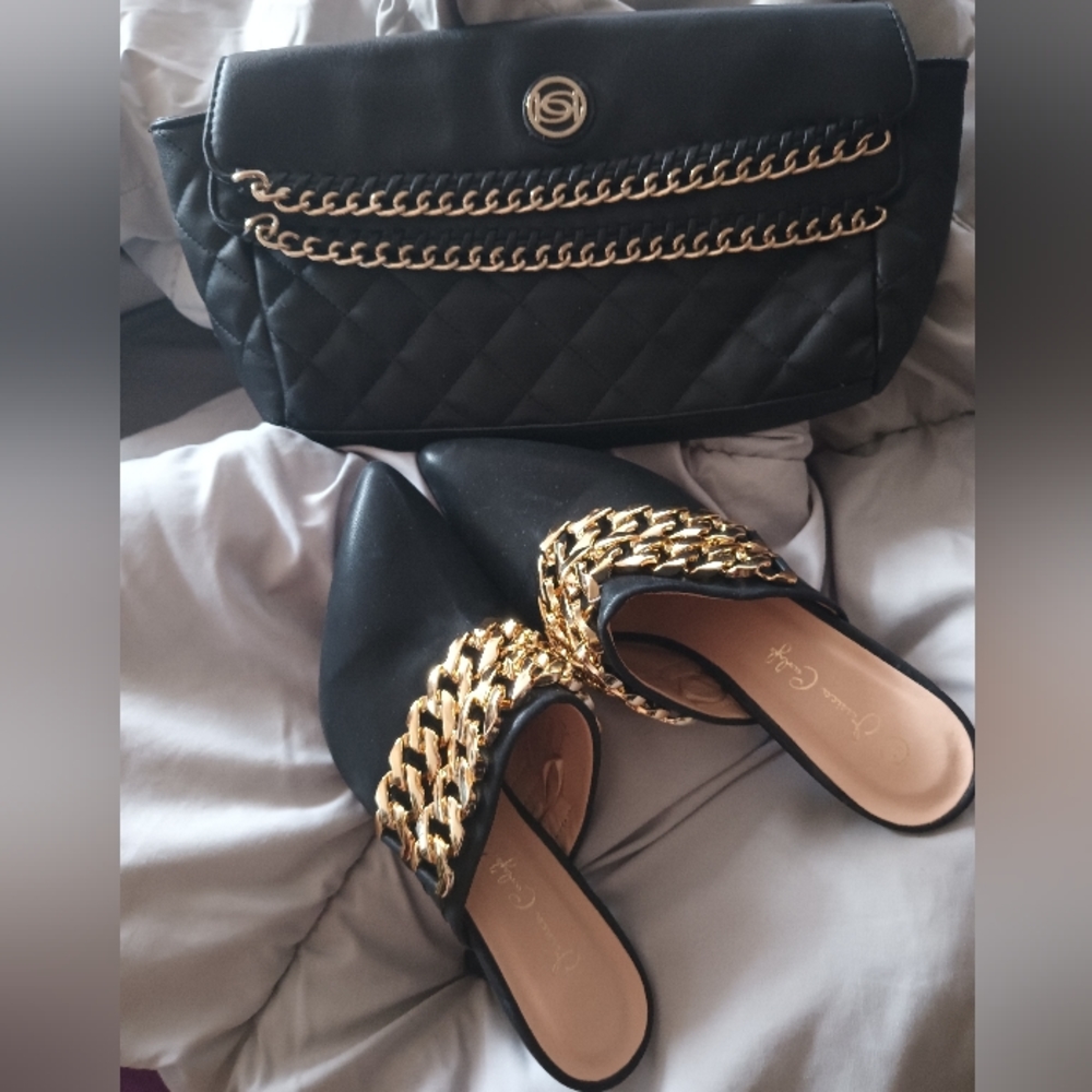 Jessica Carlyle mules and BEBE clutch